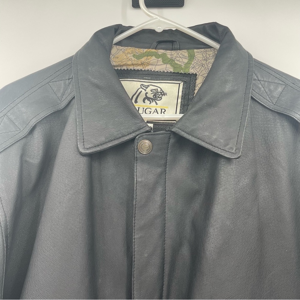 Cougar Leather Jacket Vintage Zip Up & Snap 4 Outside Pockets Lined Black Large - Picture 2 of 13